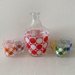 Vintage glass decanter set polka dot six shot glasses liquor stamped France